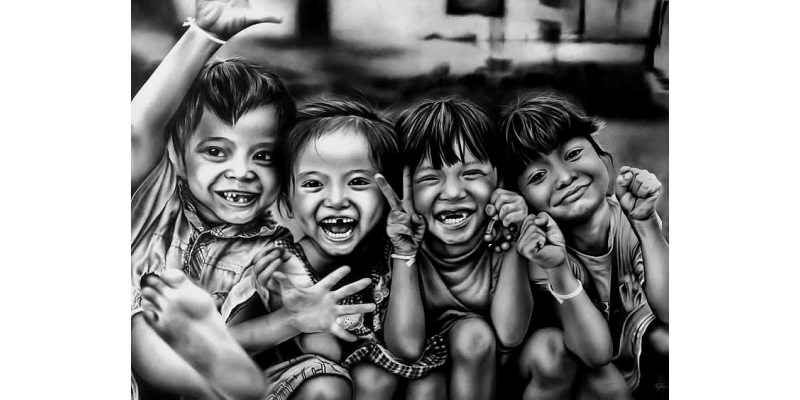 smiling kids pencil sketch drawing