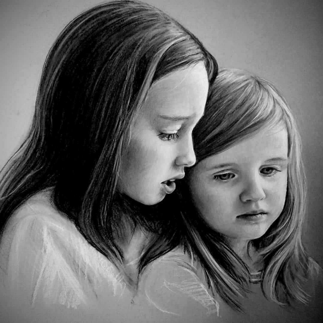 CUTE SISTERS PENCIL SKETCH DRAWING
