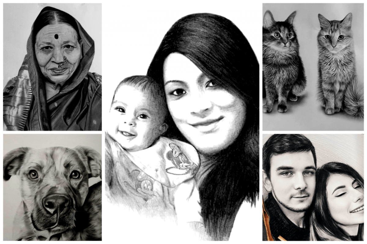 PENCIL SKETCH COLLAGE / handmade charcoal portrait painting from photo