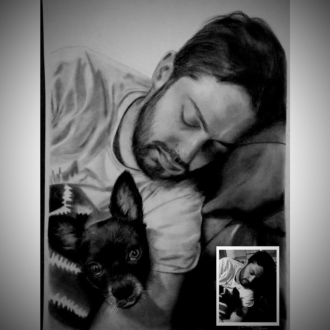 kid with PET DOG charcoal drawing