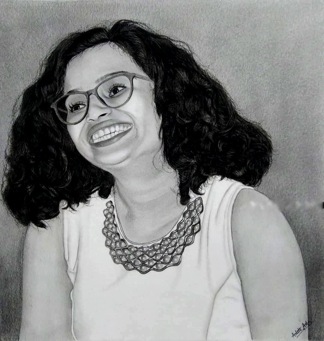HAPPY GIRL IN PENCIL SKETCH DRAWING