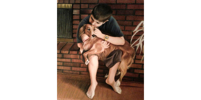 Kid with Pet Dog-colored-pencil-portrait from photos