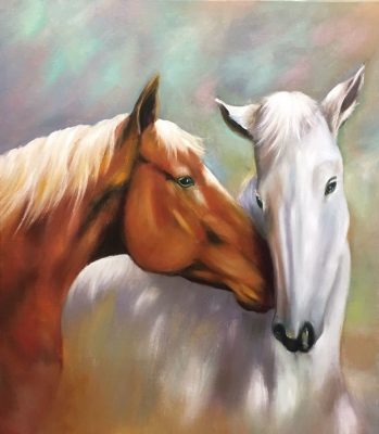 TWO HORSES HAND-PAINTED OIL PORTRAIT