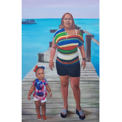 lady and small girl standing near sea painting